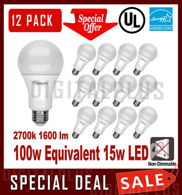 12 Pack LED Light Bulbs MAXLITE 15W 1600L Soft White 2700K A19  E26 Non-Dimmable - Image 1 of 3