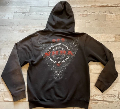 NHRA National Hot Rod Association VINTAGE Hoodie Zip Jacket Distress Black Cover