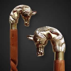 Horse Head Handle Brass Vintage Working Wooden Walking Stick Cane Gift For Men - Picture 1 of 8