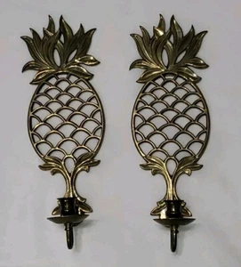Vtg Brass Pineapple Wall Sconce Candle Holders Large Heavy Ornate Tropical 17" - Picture 1 of 17