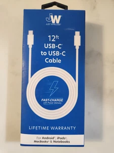 JW, Just Wireless, 12 Ft White USB-C To USB-C Android iPads MacBooks Notebooks - Picture 1 of 3