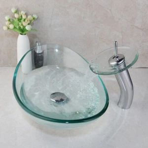 US 22" Bathroom Vessel Sink Clear Tempered Glass Wash Bowl Deck Mount Mixer Tap - Picture 1 of 9