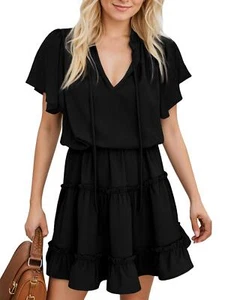 Women's Short Sleeve V Neck Ruffle Chiffon Elegant Mini Dresses - Picture 1 of 14