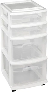 Drawer Tower, 4-Tier Clear Plastic Storage Organizer Cart, White Frame – Rolling - Picture 1 of 9