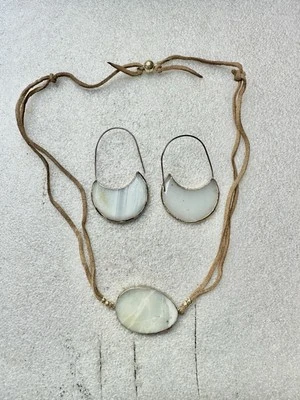 "Juego de pendientes de aro y cordón de cuero colgante AMAZONITA grande de 20"""  Foto 1 de 4