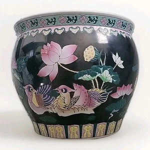 LRG Vtg Chinese Koi Fish Bowl Jardiniere Pot Planter Hand Painted Porcelain 12"W - Picture 1 of 8