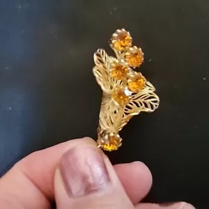 Vtg Orange Beads Brooch Pin Grandma Core Jewelry Unmarked Flowers Leaf Gold Tone - Picture 1 of 12