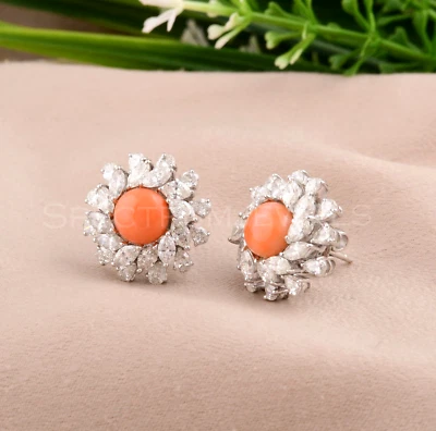 SI/H Diamond Coral Gemstone Stud Earrings Gift 18k White Solid Gold 5.37 Tcw - Image 1 of 4