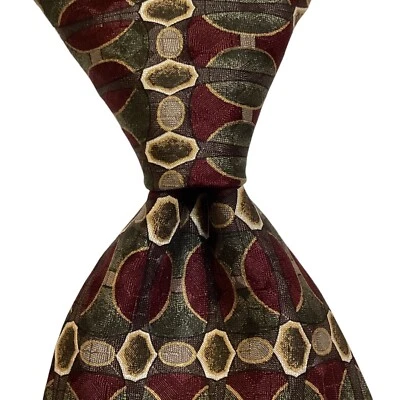 Gravata masculina MANHATTAN 100% seda designer EUA geométrica verde/borgonha em excelente estado usado rara - Imagem 1 de 3