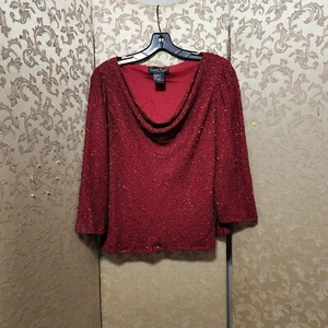 Top con perline Laurence Kazar rosso drappeggiato per vacanze taglia Large L - Foto 1 di 7