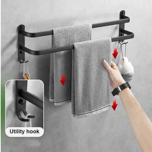 60CM Double Towel Rail Holder Wall Mounted Bathroom Rack Shelf With Hooks Metal - Picture 1 of 11