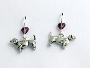 Pewter & sterling silver dachshund dog earrings-weiner dogs, canine, doxie,heart - Picture 1 of 2