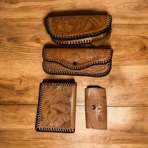 Tooled Leather Small Glasses Case Tool Case Wallet Single Zipper Vintage - Picture 1 of 11