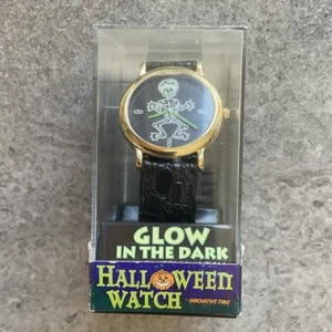 Orologio Scheletro Halloween Unisex 36mm Tono Oro Cinturino Pelle Nero Nuovo con Scatola S2 - Foto 1 di 6