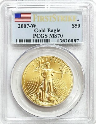 2007 W GOLD US $50 DOLLAR AMERICAN EAGLE 1 OZ COIN PCGS MINT STATE 70 - Image 1 of 2