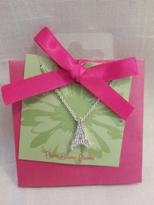 Crystal Rhinestone Eiffel Tower Pendant Necklace Pure Silver Plated NEW - Picture 1 of 3
