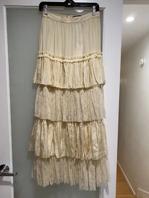 GUCCI Maxi Falda Larga en Niveles Seda/ENCAJE/Satén $2K Talla IT 40 Foto 1 de 4