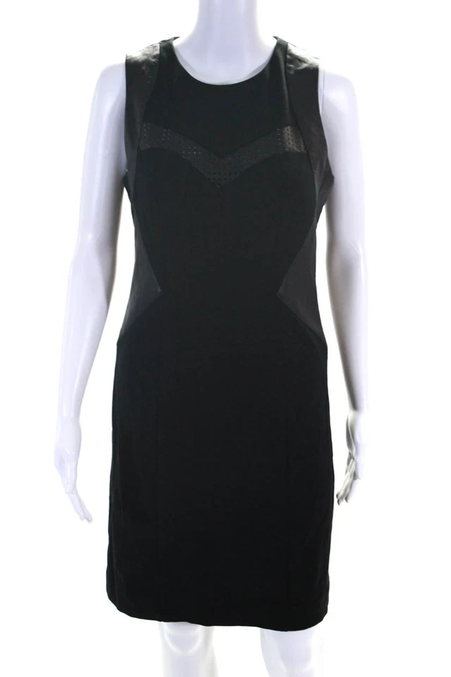 Nanette Lepore 女式后拉链圆领皮革装饰紧身连衣裙黑色 6 码 — 第 1/4 张图片
