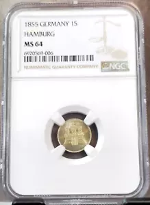 1855 GERMANY 1 SECHSLING HAMBURG CASTLE NGC MS 64 BEAUTIFUL BU COIN - Picture 1 of 3