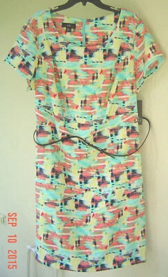 NUEVO CON ETIQUETAS AGB ROSA VERDE ESTAMPADO CARRERA CINTURÓN VESTIDO VAINA TALLA 24 W $84 Foto 1 de 2