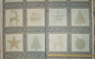 Winter's Granduer Silver Reindeer Christmas Squares Fabric 23" Panel  #16588-186 - Image 1 of 3