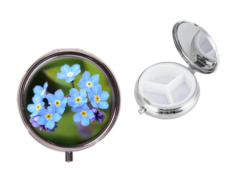 Forget Me Not Flower Metal Round Travel Pill Box Birthday Christmas Gift X83 - Image 1 of 1