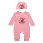 #F 2pcs Simple Kids Baby Girls Long Sleeve Romper Clothes Hat Set Flower Playsui