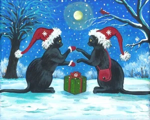 ACEO Impresión de Pintura RYTA Navidad Invierno Vacaciones Negro Gato Pattty Pastel Regalo - Imagen 1 de 1