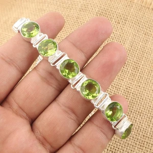 Sterling Silver Peridot Stone Mother Wedding Art Deco Boho Chain Bezel Bracelet - Picture 1 of 6