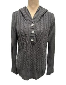 Damen Style & Co Grobstrick Zopfmuster 1/4 Knopf Pullover Pulli Kapuze Grau XL. - Bild 1 von 11