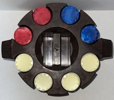 Vtg Bakelite Poker Chip Rack Caddy Dispenser Marble Design USA Made 184 Chips Foto 1 de 2