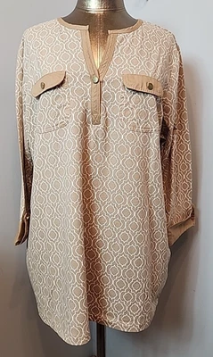 NWT Karen Scott Brown Egret Tile Pattern Shirt Womens Size 1X Chest 47 306-35772 - Image 1 of 4