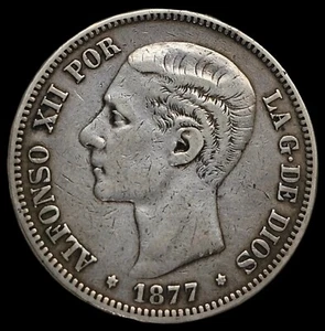 1877 SPAIN 5 Pesetas .900 Silver Coin King ALFONSO XII SPANISH # 0965 - Picture 1 of 2