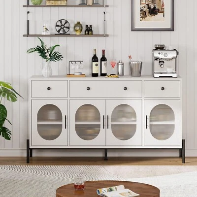 Armario Buffet Aparador Grande 62" con Almacenaje+3 Cajones+4 Puertas de Cristal,Blanco Foto 1 de 4