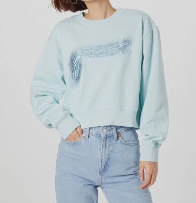 $79 Guess женщин синий графический печать хлопок толстовка свитер размер L - Изображение 1 из 4