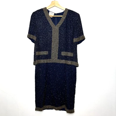 复古 Stenay 100% 真丝串珠短袖 V 领蓝色连衣裙 8 码 — 第 1/4 张图片