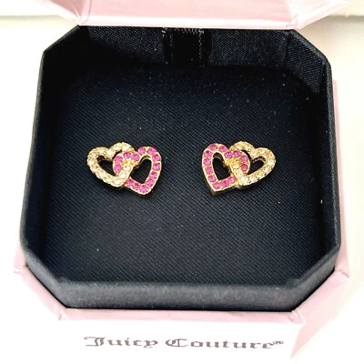 PENDIENTE CORAZÓN Juicy Couture Doble Pavimento Oro Amarillo Tachuelas ROSA con Caja de Regalo Foto 1 de 4