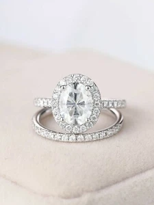Halo Bridal Set Engagement Ring 2.3ct Simulated Diamond White Gold Plated - Picture 1 of 6