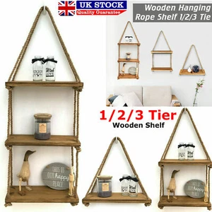 1/2/3 Tiers Wooden Hanging Rope Shelf Wall Mounted Floating Shelf Storage Rustic - Picture 1 of 9