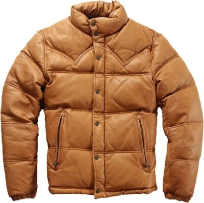 男式羽绒皮革夹克休闲轰炸机真皮蓬松时尚  — 第 1/4 张图片