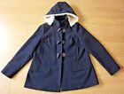 Next Ladies Hooded Duffle Horn Tooth Button Navy Blue Coat Jacket Size UK 16