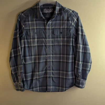 HELIX Men's Shirt Size Large Plaid Blue Roll-Up Sleeve Front Pockets - Image 1 of 4