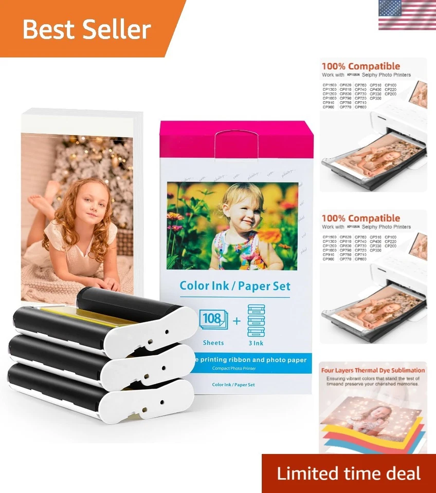 Papel fotográfico y tinta de secado rápido 4x6 para impresoras Canon Selphy CP1300 - 108 hojas Foto 1 de 4