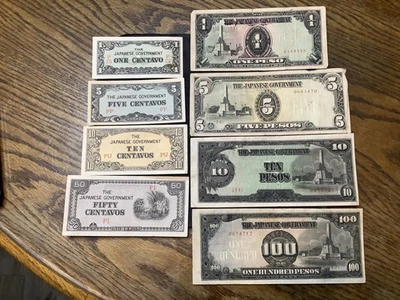 Filipinas 1942-1944 Segunda Guerra Mundial (ocupación japonesa.) Lote de 8 billetes.  N3188 Foto 1 de 2