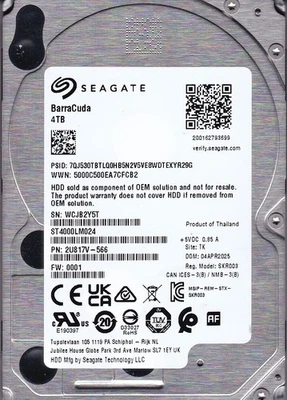 ST4000LM024 p/n: 2U817V-566 s/n: WCJ fw: 0001 TK APR/ 2025 4TB SATA 2.5" SEAGATE - Image 1 of 4
