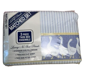 Vintage Geese Print 3-Piece Twin Bed Sheet Set Cotton Blend Irregular Percale - Picture 1 of 5