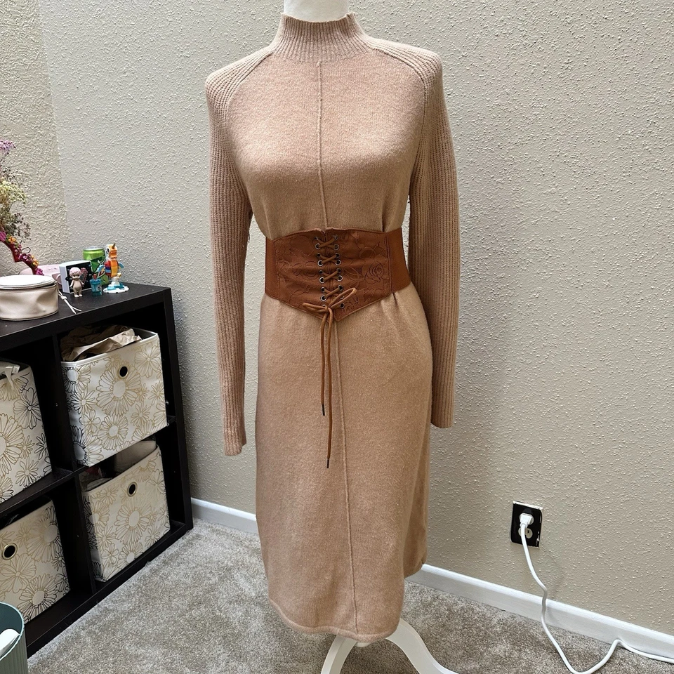 Vestido Suéter Banana Republic Lana Merino Tostado Neutro Largo Midi Cuello Tortuga XS/S Foto 1 de 4