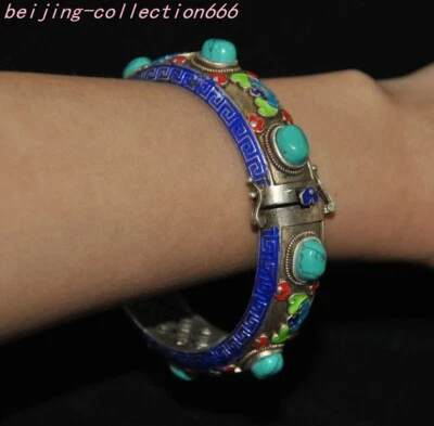 China Tibetana Plata Incrustación Turquesa Cloisonne Murciélagos Pulsera Mano Joyería Anillo Foto 1 de 4