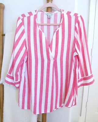Blusa feminina Tommy Bahama mistura de linho pequena listra rosa com prata férias na praia - Imagem 1 de 4