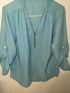 Faded Glory Women Size 2XL Zipper Working Neck Teal L Sleeve Button Up 29 L 21 - Picture 1 of 24